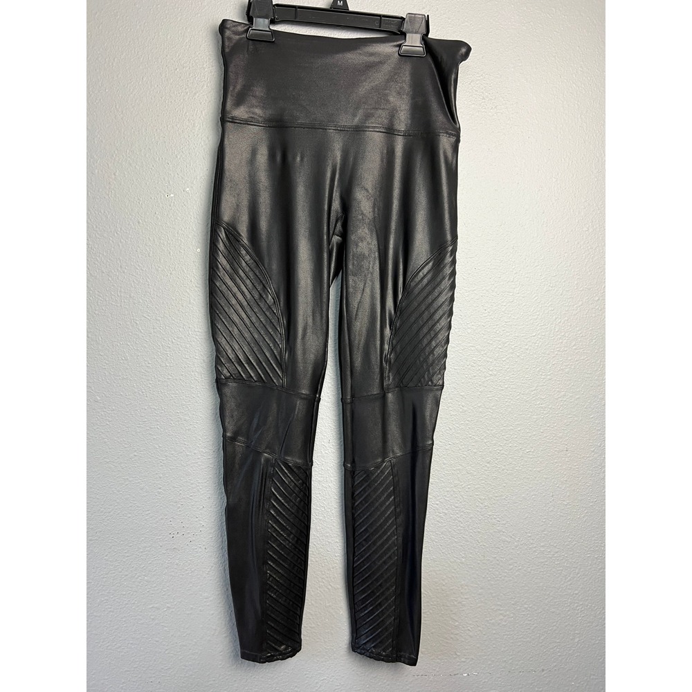 Spanx Faux Leather Moto Leggings Black High Waist Ribbed Detail Large Petite L/G